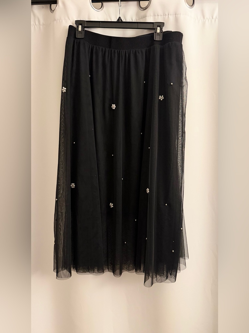 Lane Bryant Black Tulle Midi Skirt with Pearl Accents